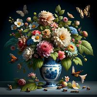 Delfsblauwe vaas met Bloemen en vlinders
