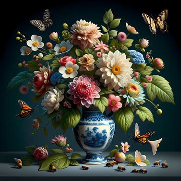 Dutch Elegance: Delft Florals with Butterflies by Mike