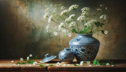 Klassische Stilllebenszene mit traditionellen Delfter Blau