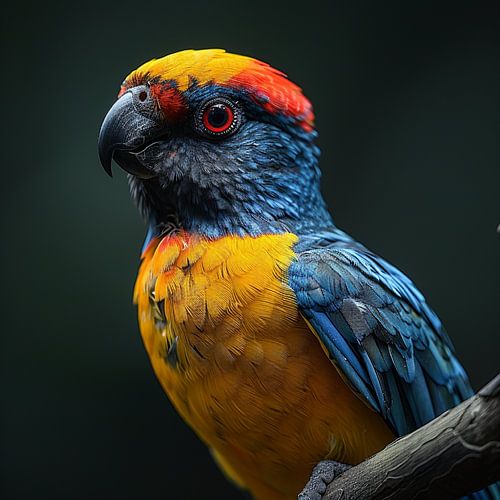 Close-up van een kleurrijke papegaai die op een tak zit