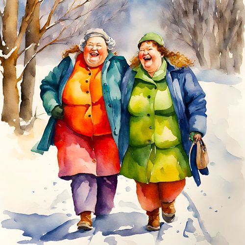 2 gezellige dames wandelen in de sneeuw