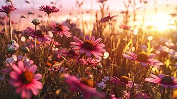 Champ de fleurs en été à l'heure dorée sur Vlindertuin Art