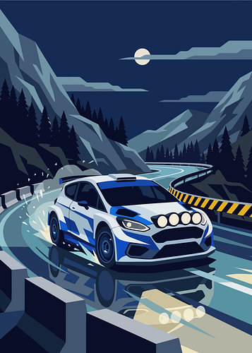 Blue rally car races winding mountain road under moonlit night