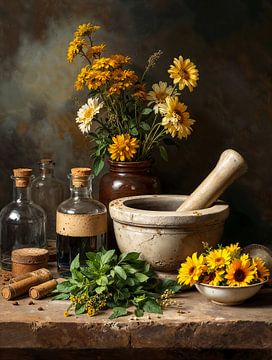 Herbs and flowers on apothecary's table. Still life by Basahen