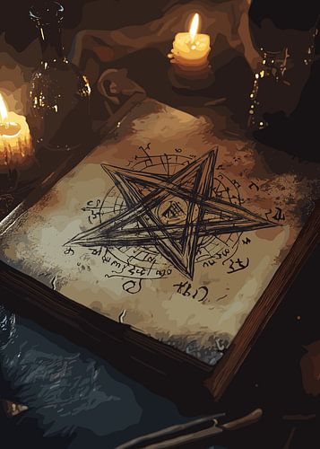 Oud spreukenboek met pentagram en mystieke symbolen