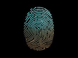 Futuristisches biometrisches Identitätsdesign - Neonblaue und goldene Farbverlaufsgrafik für Fingerabdrücke von Creative On Site