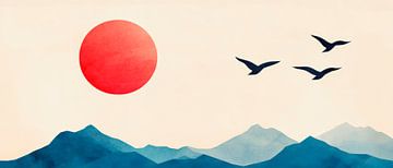 Sonnenuntergang über Berglandschaft – Aquarell von Poster Art Shop