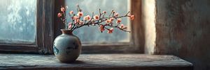Stilleben runde Vase mit Blüte durch Fensterpanorama