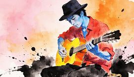 Asiatischer Gitarrist – Aquarellbild von Artkreator