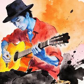 Asiatischer Gitarrist – Aquarellbild von Artkreator