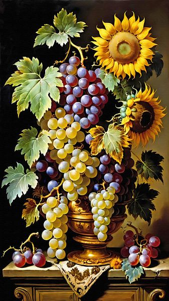 Impressive grapes and sunflowers still life by Maud De Vries