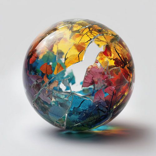 Gebroken glazen bol met kleurrijke bladeren