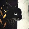 Illustration moderne d'un chat noir avec des feuilles d'or sur Vlindertuin-Art