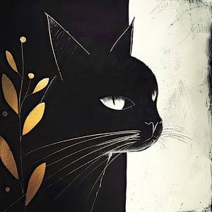 Moderne schwarze Katze Illustration mit goldenen Blättern