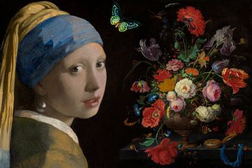 Het meisje met de parel met vlinder en bloemen van Digital Art Studio