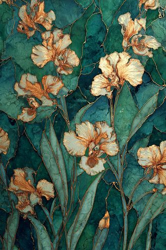 Iris flowers in Golden Lines on Emerald Green