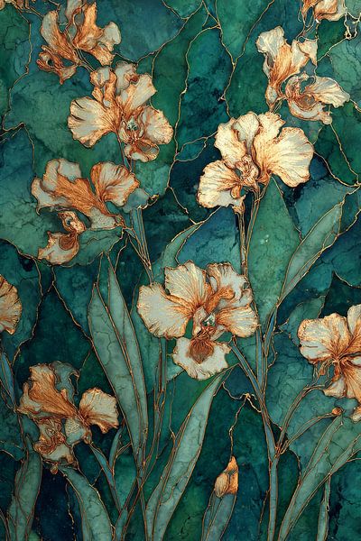 Fleurs d'iris en lignes d'or sur vert émeraude par Eva Lee
