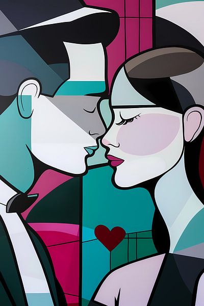 Abstract kissing couple in geometric style by Art & Soul Creations