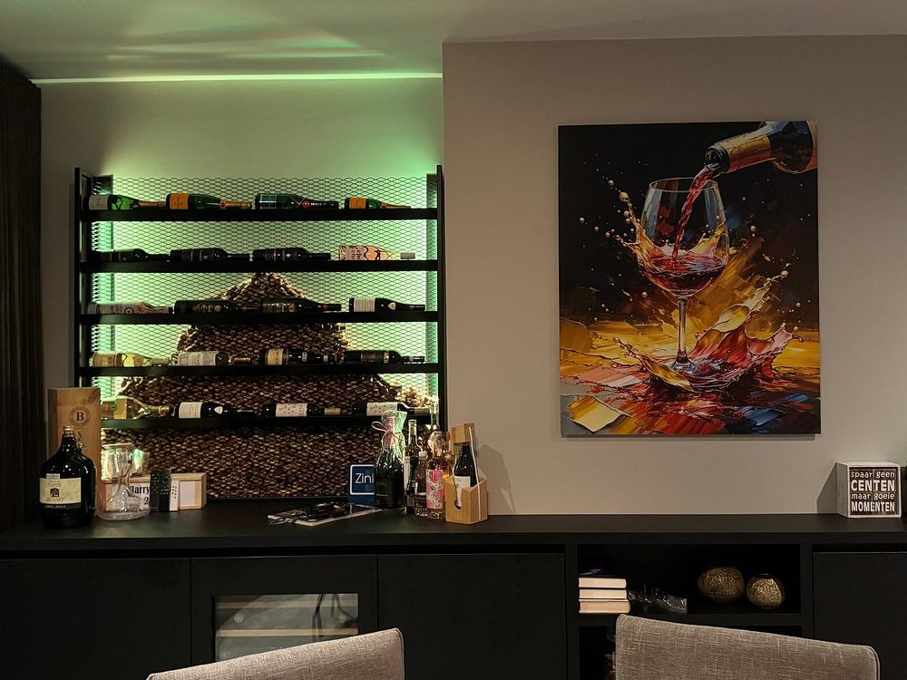 Red wine in the stream of pleasure: a wine glass between liquid gold, ruby red splashes and the dignity of the moment  by AidasignArt 