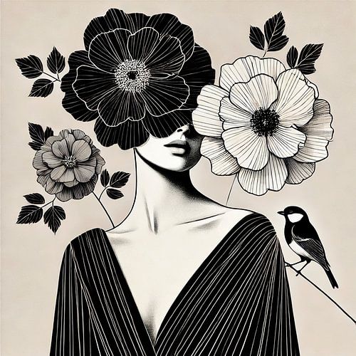 Zwart-wit lijnkunst met vrouw, bloemen en vogel