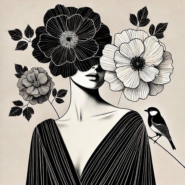Schwarz-weiße Strichzeichnung mit Frau, Blumen und Vogel von Marijke Trienekens