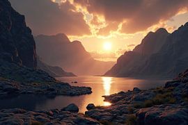 Zonsondergang over een bergmeer en rotskust