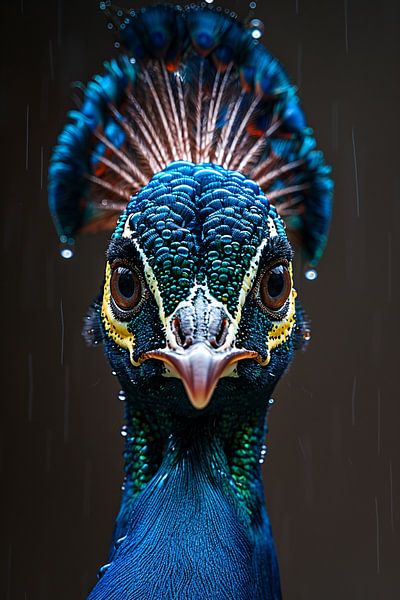 Close-up portrait of a peacock in the rain by Art & Soul Creations