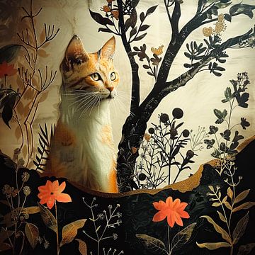 Botanische Kunst collage: Kat met Bloemen en Planten
