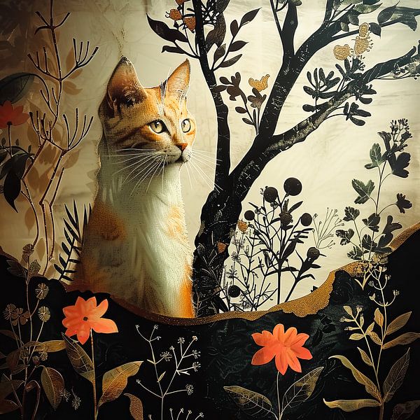 Botanical art collage: Cat with flowers and plants by Vlindertuin-Art