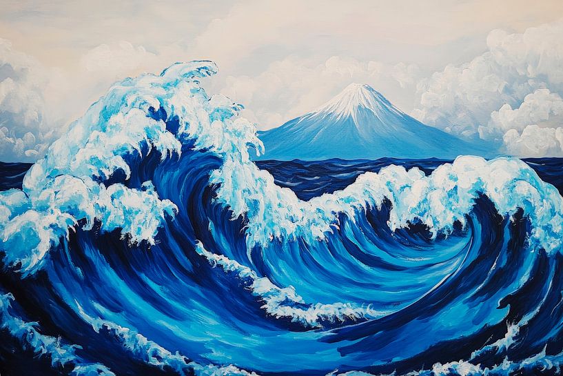 Wilde Wellen vor einem Berggipfel von Poster Art Shop