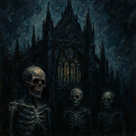 Eine düstere gotische Kathedrale und drei tanzende Skelette von Jelena Jovanovic Fine Art