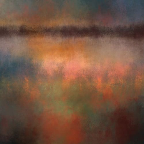 Kleurrijk abstract minimalistisch landschap in pastelkleuren. Aardetinten, verbrand oranje, roze en groen.