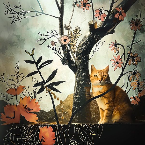 Botanical Cat art collage Interior decoration by Vlindertuin-Art