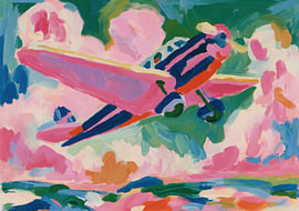 Un avion aux couleurs vives dans un ciel nuageux abstrait sur Niklas Maximilian