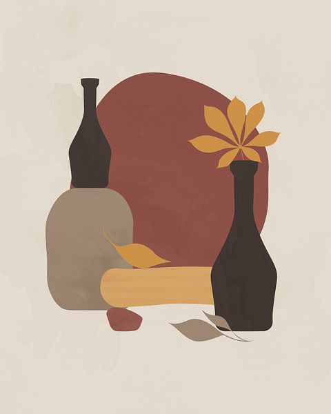 Stilleben mit zwei Flaschen und Herbstblättern von Tanja Udelhofen