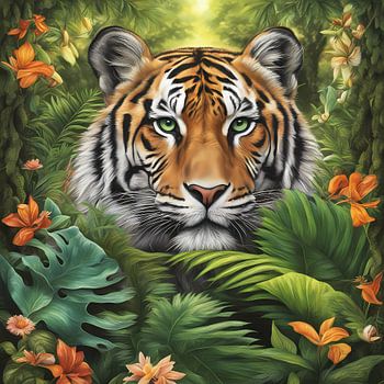 Tiger in the Jungle – Exotic Wildlife Portrait with Tropical Flowers