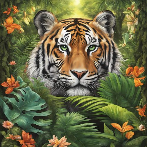 Tigre Majestueux dans la Jungle – Portrait Exotique aux Yeux Verts