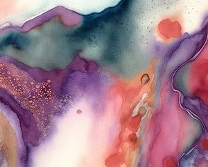 Modernes abstraktes Aquarell in Orange, Lila und Grün