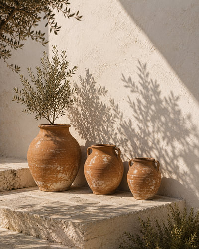 Antieke terracotta potten, gerangschikt op stenen treden