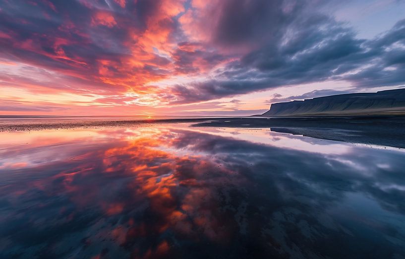 Avondreflectie in het kalme oceaanwater van fernlichtsicht