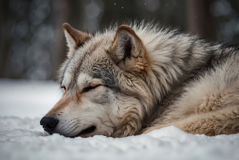 Loup endormi dans un paysage enneigé par Art & Soul Creations