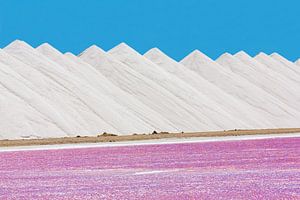 Landschaft aus weißen Salzbergen mit rosa Salzsee auf Bonaire