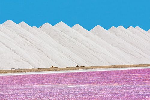 Landscape of white mountains of salt with pink salt lake on Bonaire by Ben Schonewille