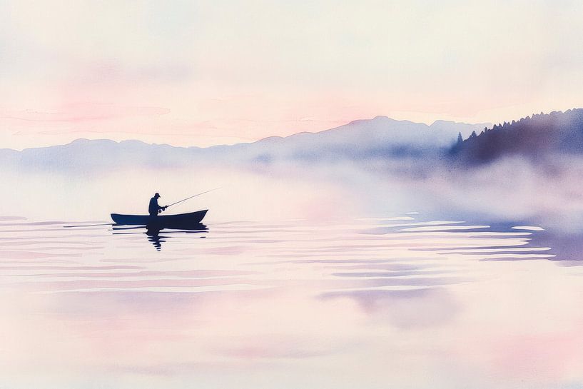 Fisherman in the fog on a calm lake by Poster Art Shop