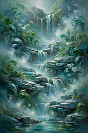 Een waterval in het Mystical Forest die door een weelderig, smaragdgroen botanisch paradijs stroomt van Artistic