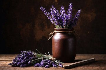 Braune Vase gefüllt mit Lavendel im Morgenlicht von Jan Bouma