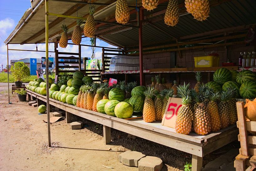 Étalage de fruits au bord de la route à Paramaribo par Jânio Tjoe-Awie