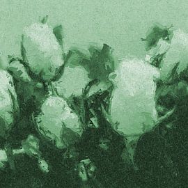 Zeitgenössische abstrakte botanische Kunst. Rosen in warmem Grün von Dina Dankers