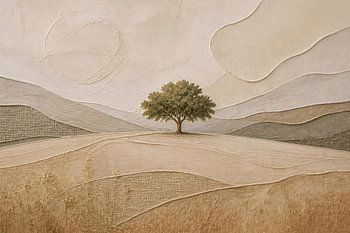 A solitary tree in a gentle hilly landscape – a minimalist landscape painting in warm earth tones