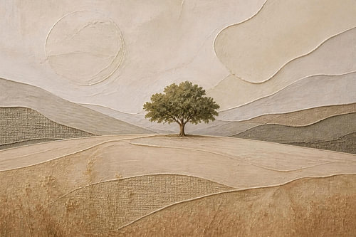 A solitary tree in a gentle hilly landscape – a minimalist landscape painting in warm earth tones